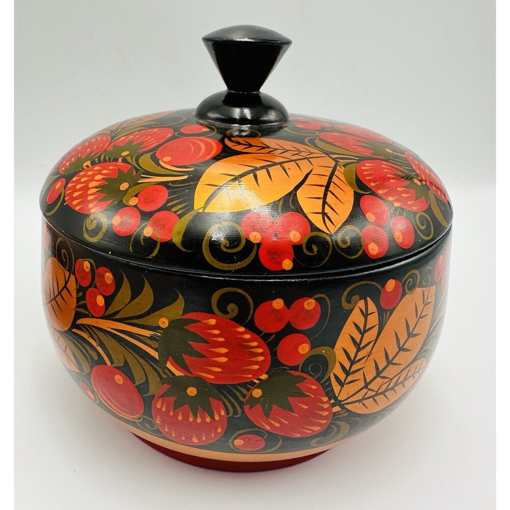 Vintage Russian Khokhloma Folk Art Hand Painted Wooden Lidded Bowl Set Of 5